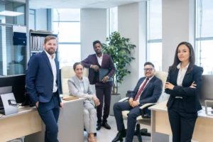 Group of professional business brokers in formal attire posing confidently in a modern office