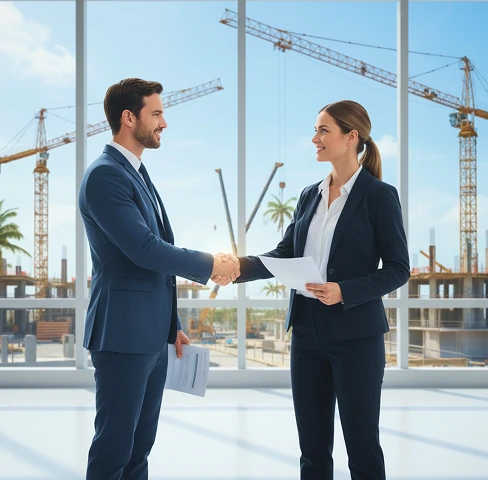 A man and woman in suits shake hands in an office with construction cranes visible through large windows, suggesting a business agreement.