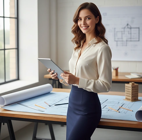 A smiling woman holds a tablet in a bright office, standing by a desk with architectural blueprints and a model building, conveying confidence and professionalism.