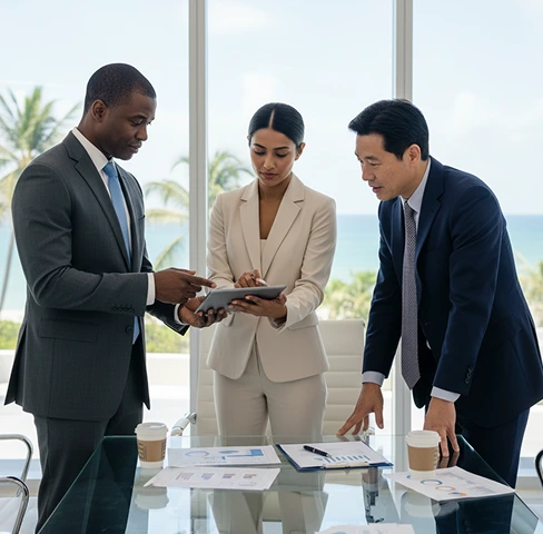 Three professionals in suits collaborate around a glass table with documents, a tablet, and coffee cups. A sunny beach view is visible outside.